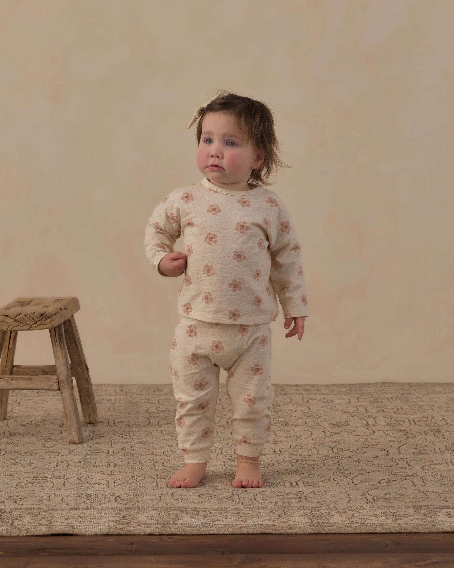 Close up of the pink daisy print on the cotton jersey set