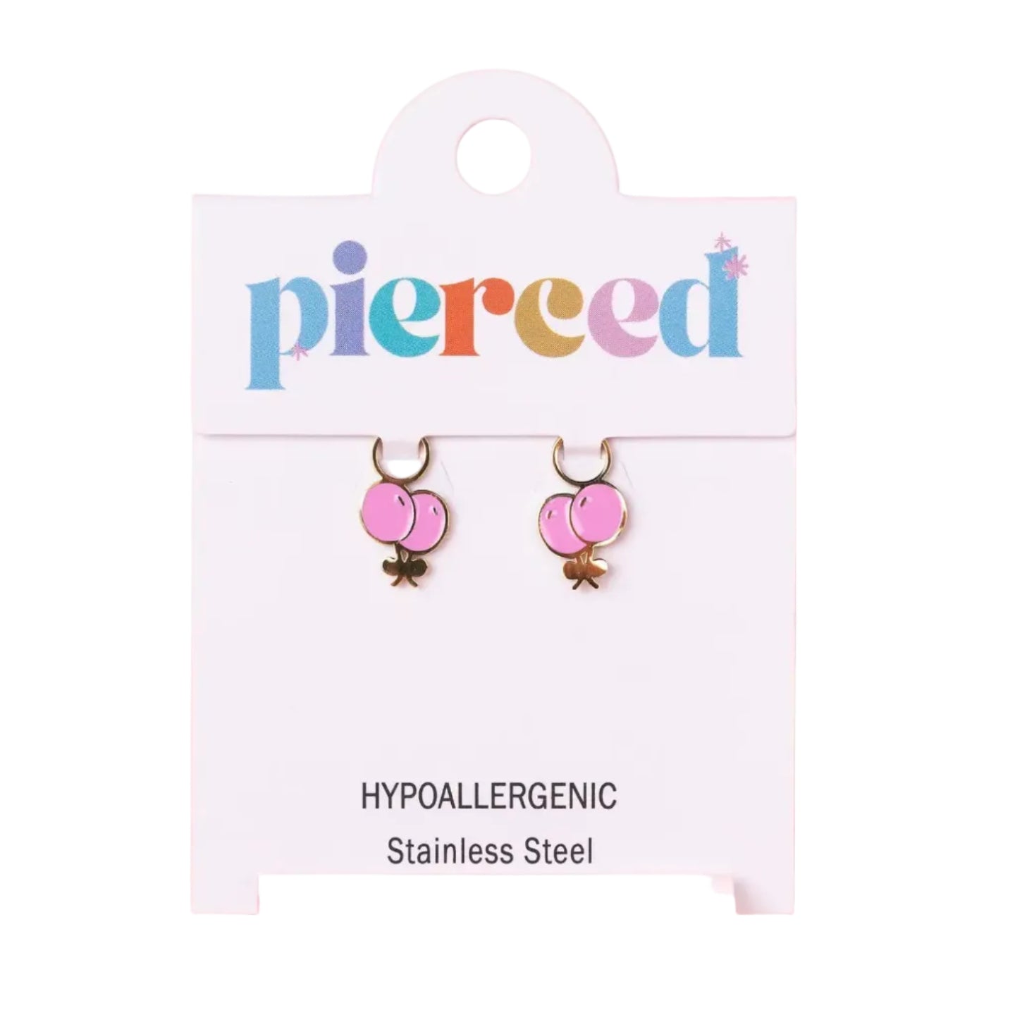 Pair of pink earrings on a 'pierceed' branded card with a pink background