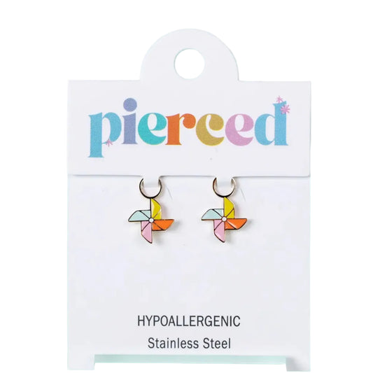 Colorful earrings on a 'pierced' branded card 