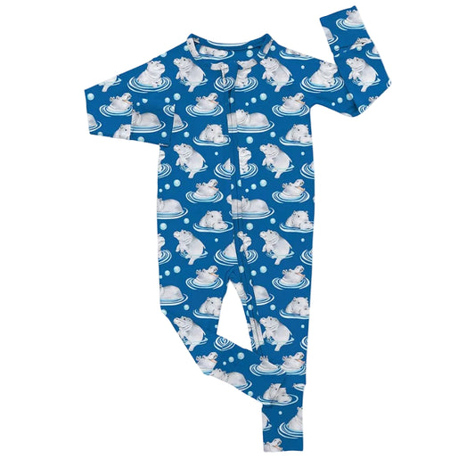 Convertible bamboo romper with hippo pattern on a blue background
