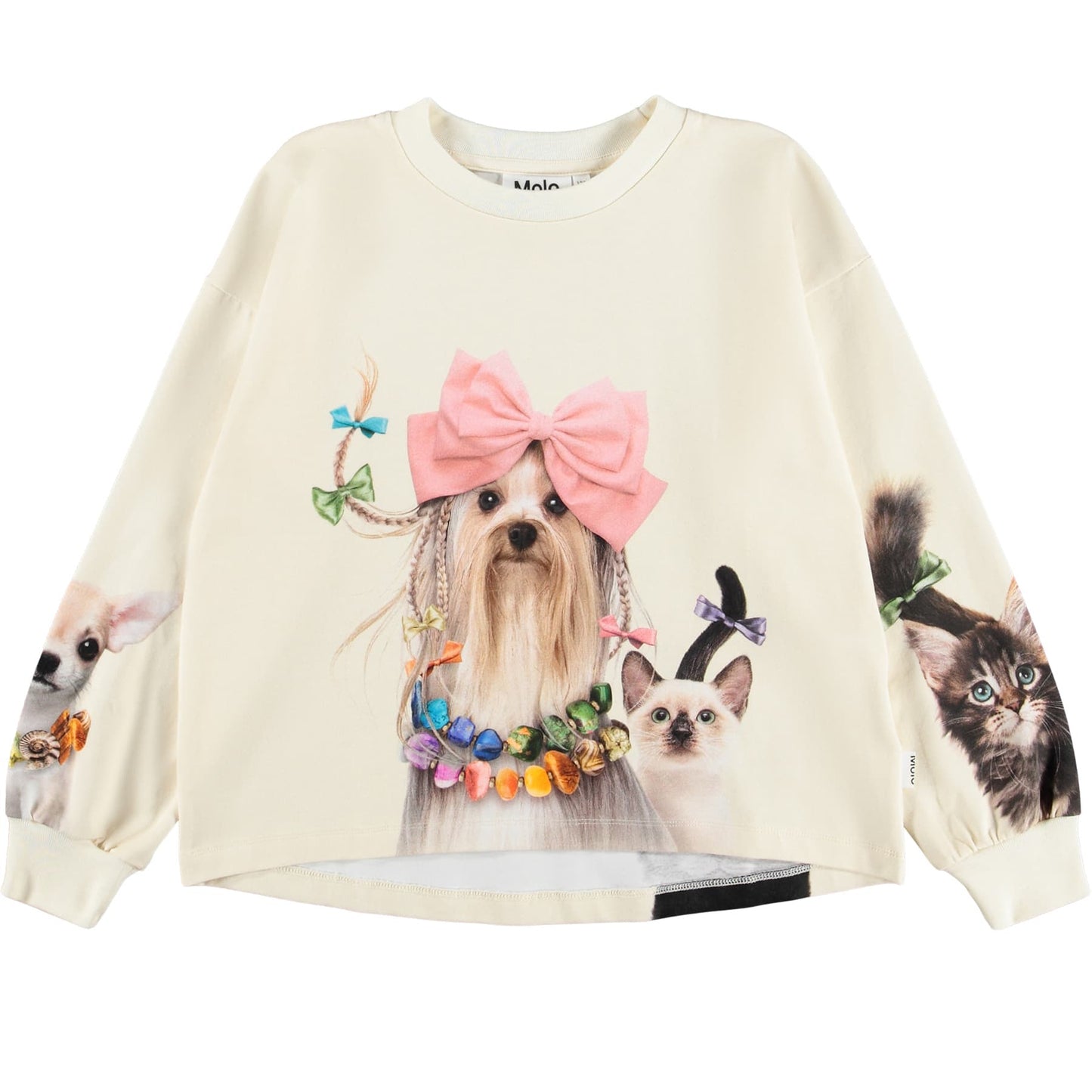 Beige sweatshirt with dog and cat design on a white background