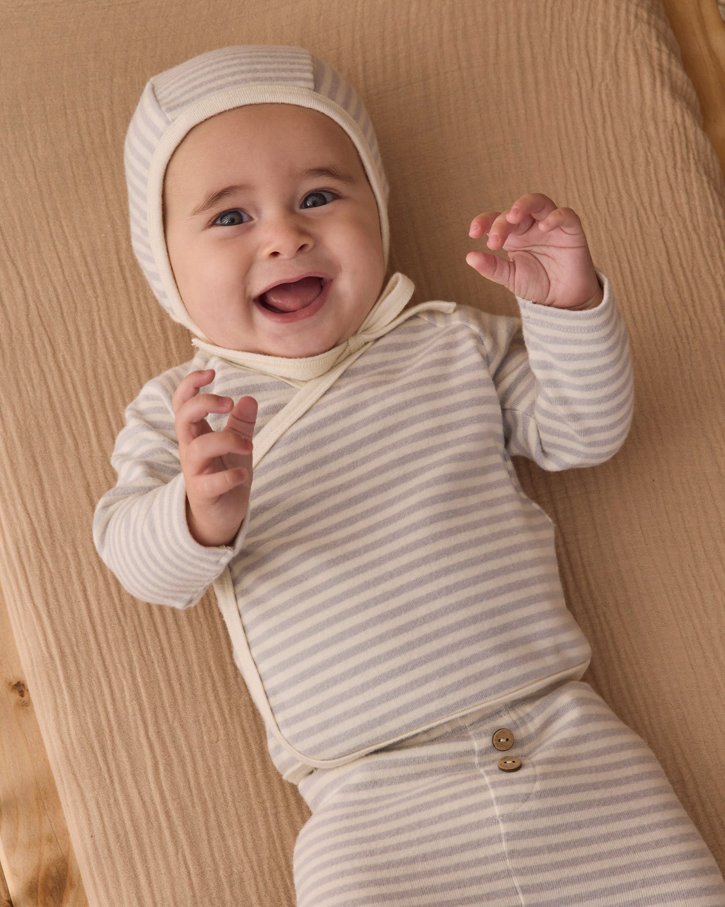 Quincy Mae Take Home Set in fog stripe pointelle with bonnet, view 3