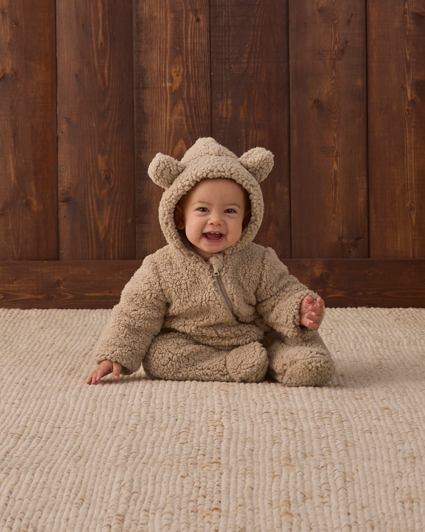Quincy Mae Bear Jumpsuit in latte faux fur, view 2