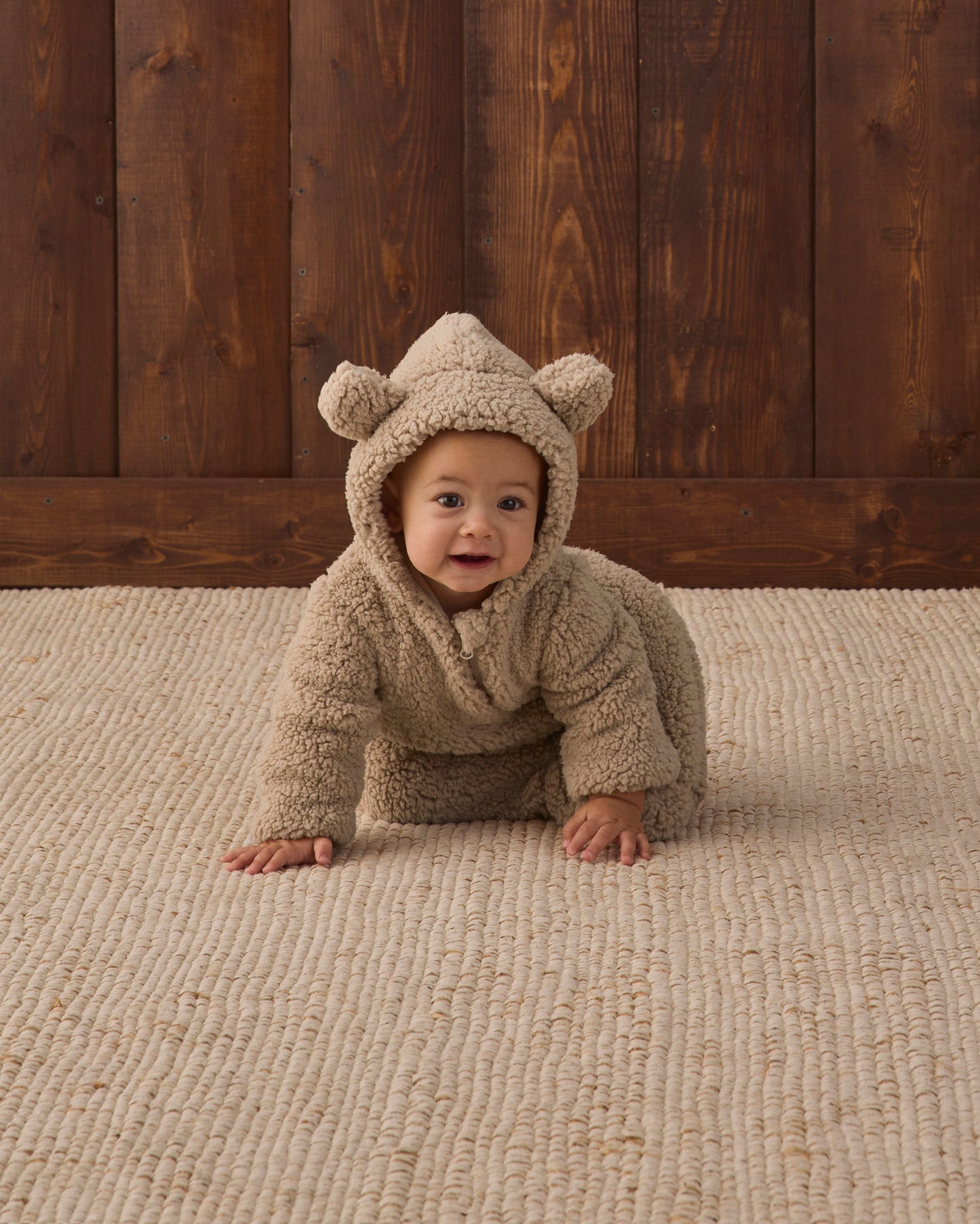 Quincy Mae Bear Jumpsuit in latte faux fur, view 3