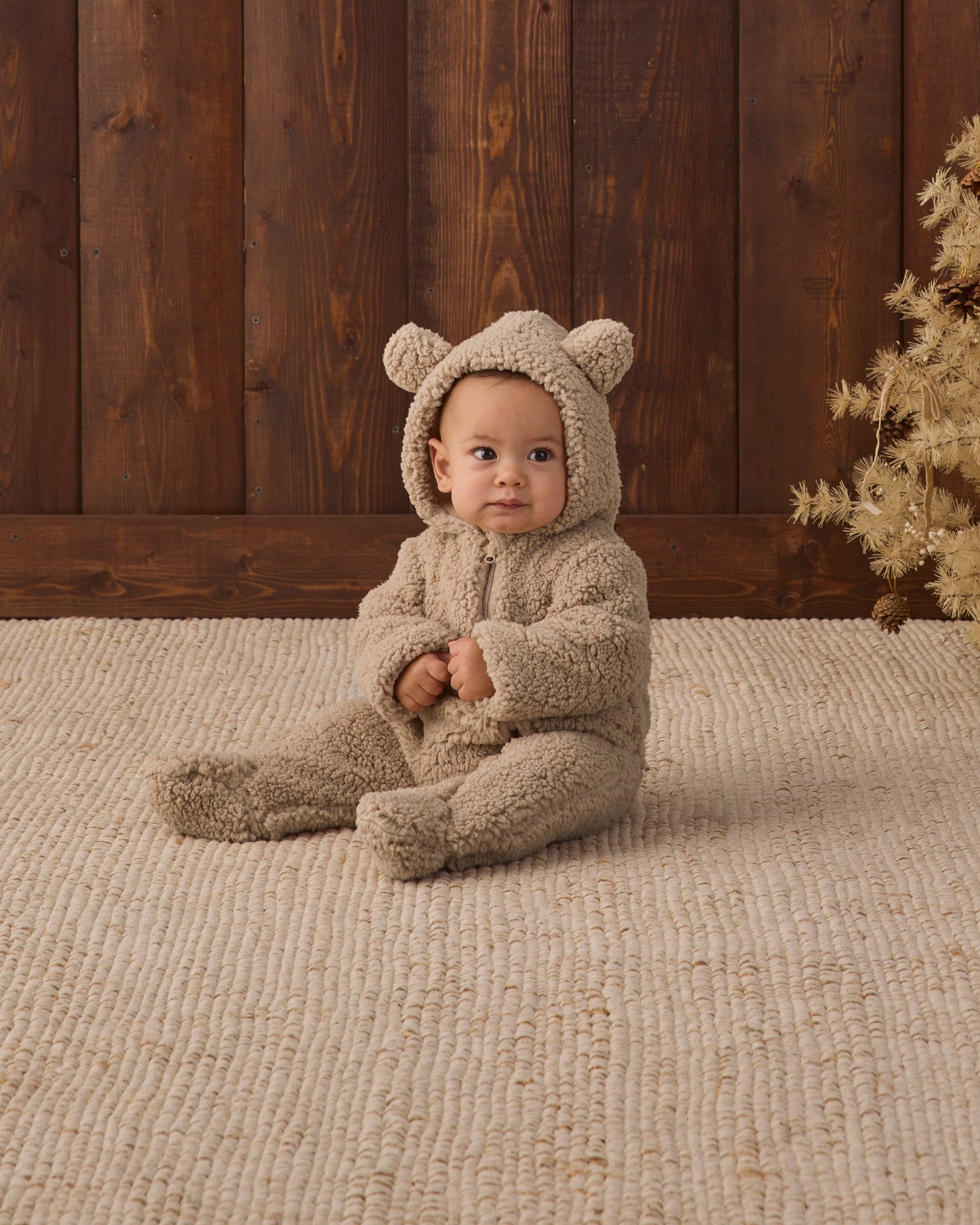 Quincy Mae Bear Jumpsuit in latte faux fur, view 4