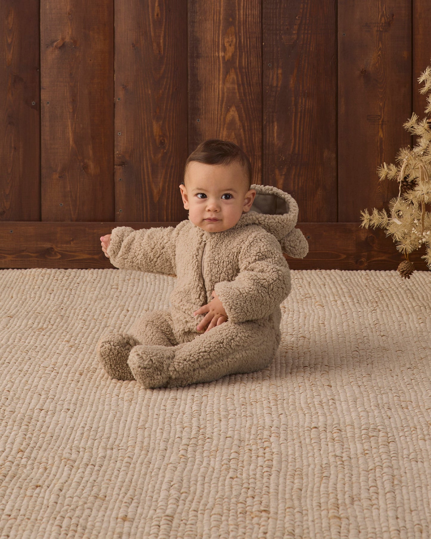 Quincy Mae Bear Jumpsuit in latte faux fur, view 5