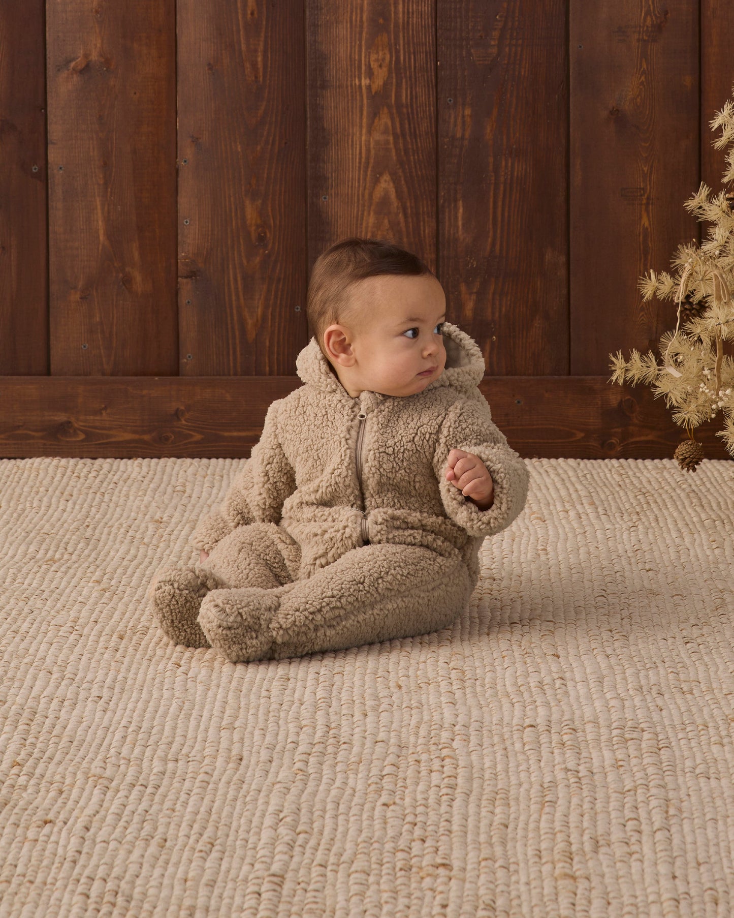 Quincy Mae Bear Jumpsuit in latte faux fur, view 6
