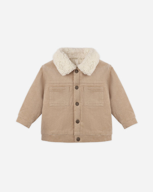 Quincy Mae Ezrah Jacket in latte corduroy with shearling collar