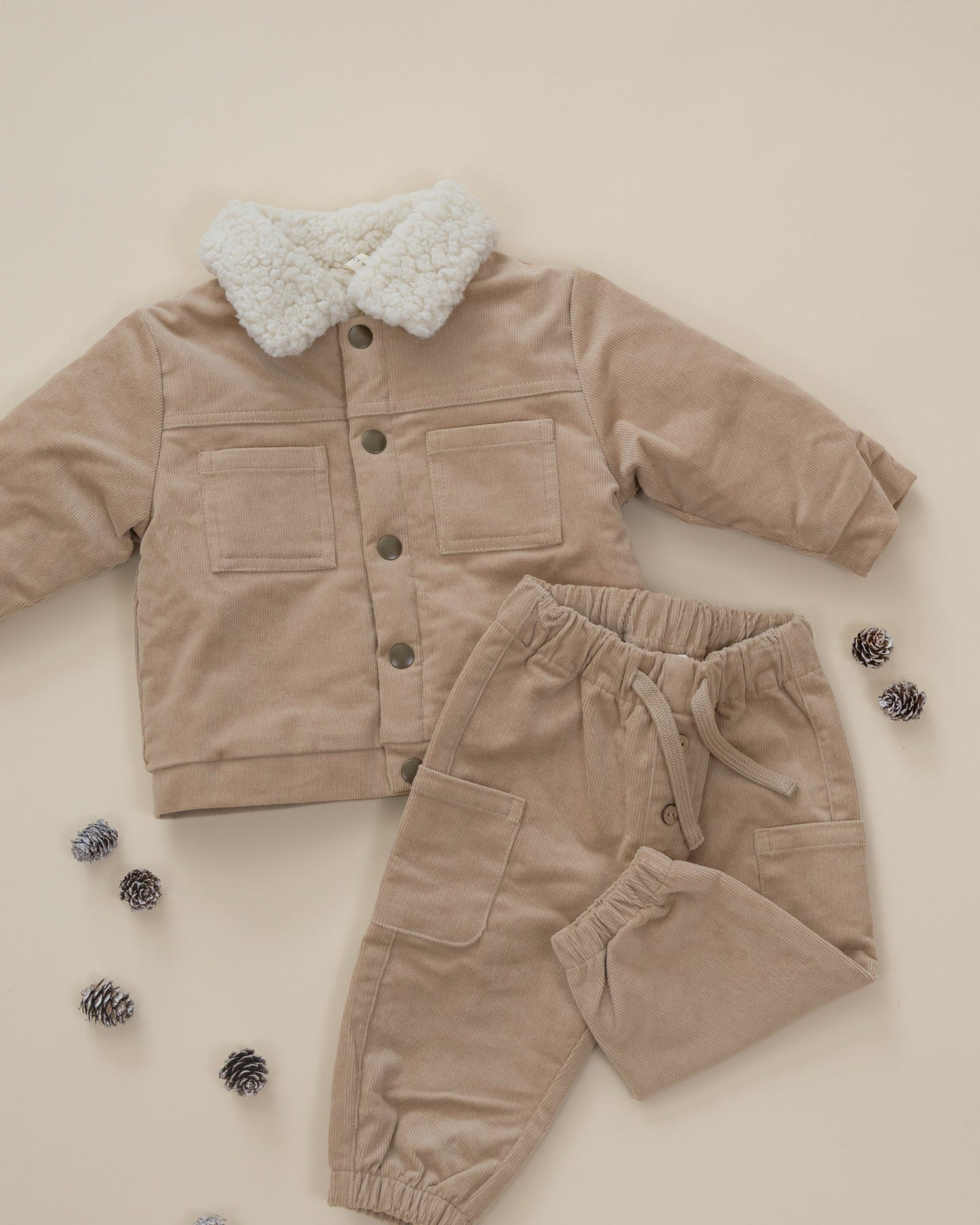 Quincy Mae Ezrah Jacket in latte corduroy with shearling collar, view 2