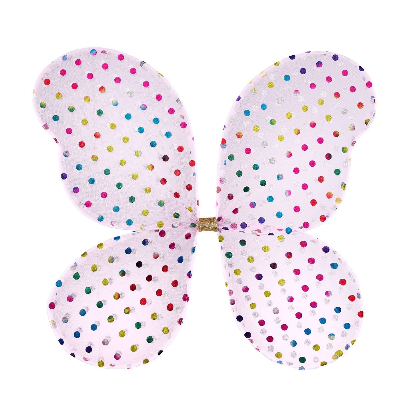 A pair of butterfly wings with four rounded wings, covered in colorful polka dots on a pale pink background, attached to a small gold-colored central band.