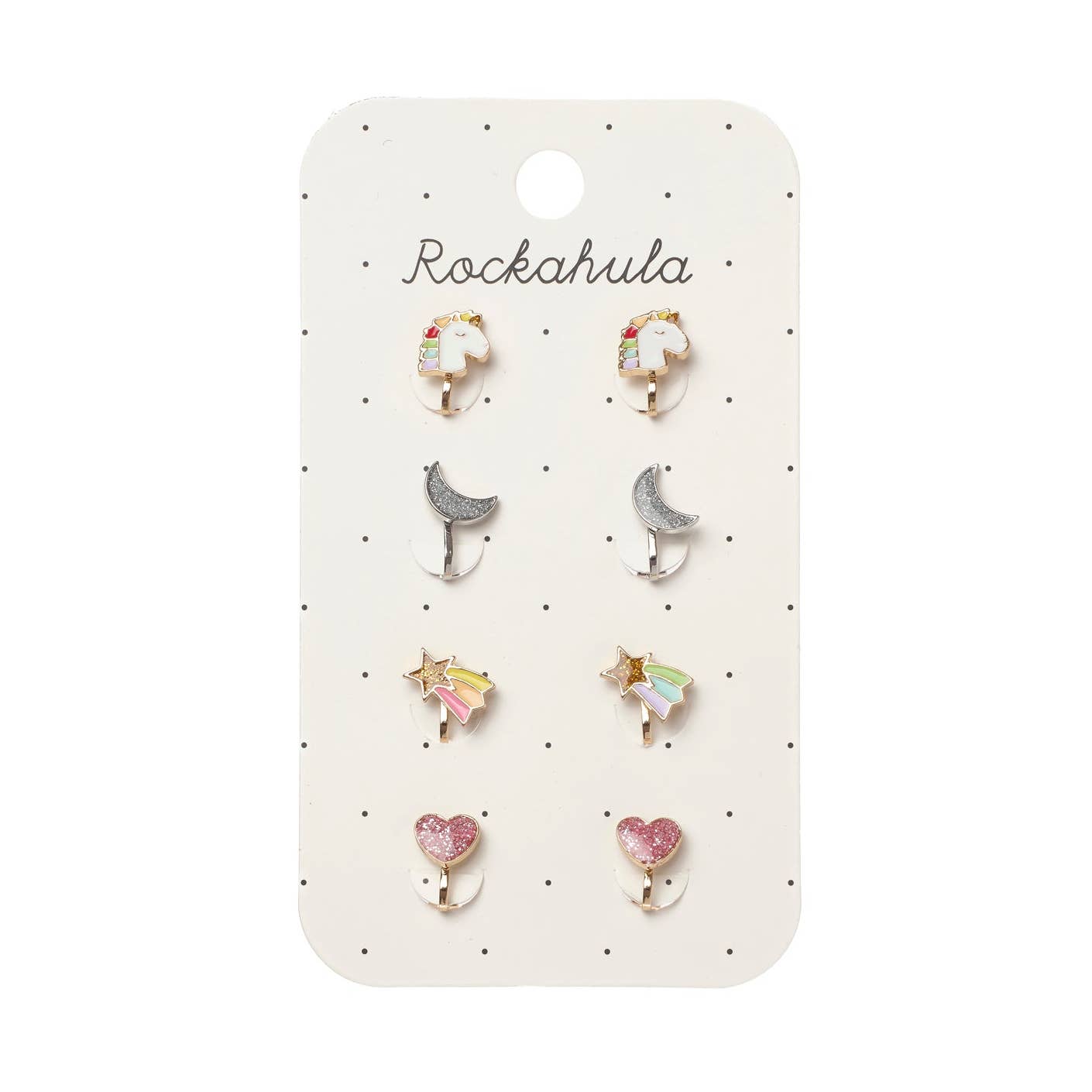 A set of six Rockahula stud earrings displayed on a white pegboard card. The earrings feature unicorn, crescent moon, star, and heart designs in pastel colors including pink, yellow, and silver.