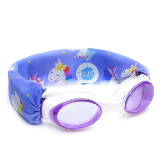 Children's swim goggles with a purple strap featuring unicorn designs 