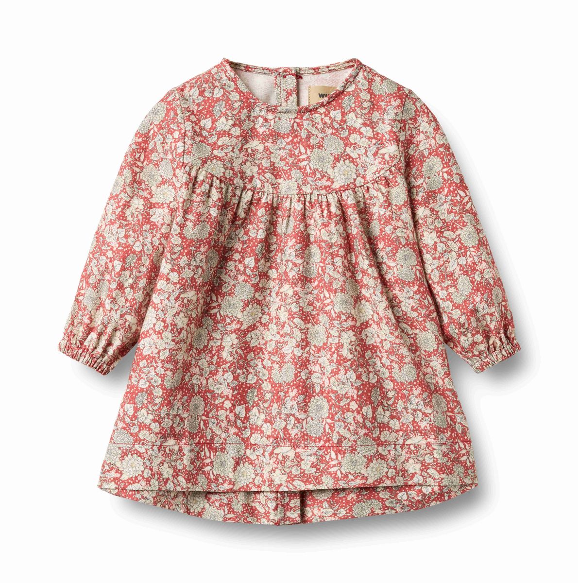 Raspberry floral long-sleeve dress for baby girls on a white background