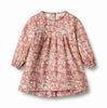Raspberry floral long-sleeve dress for baby girls on a white background