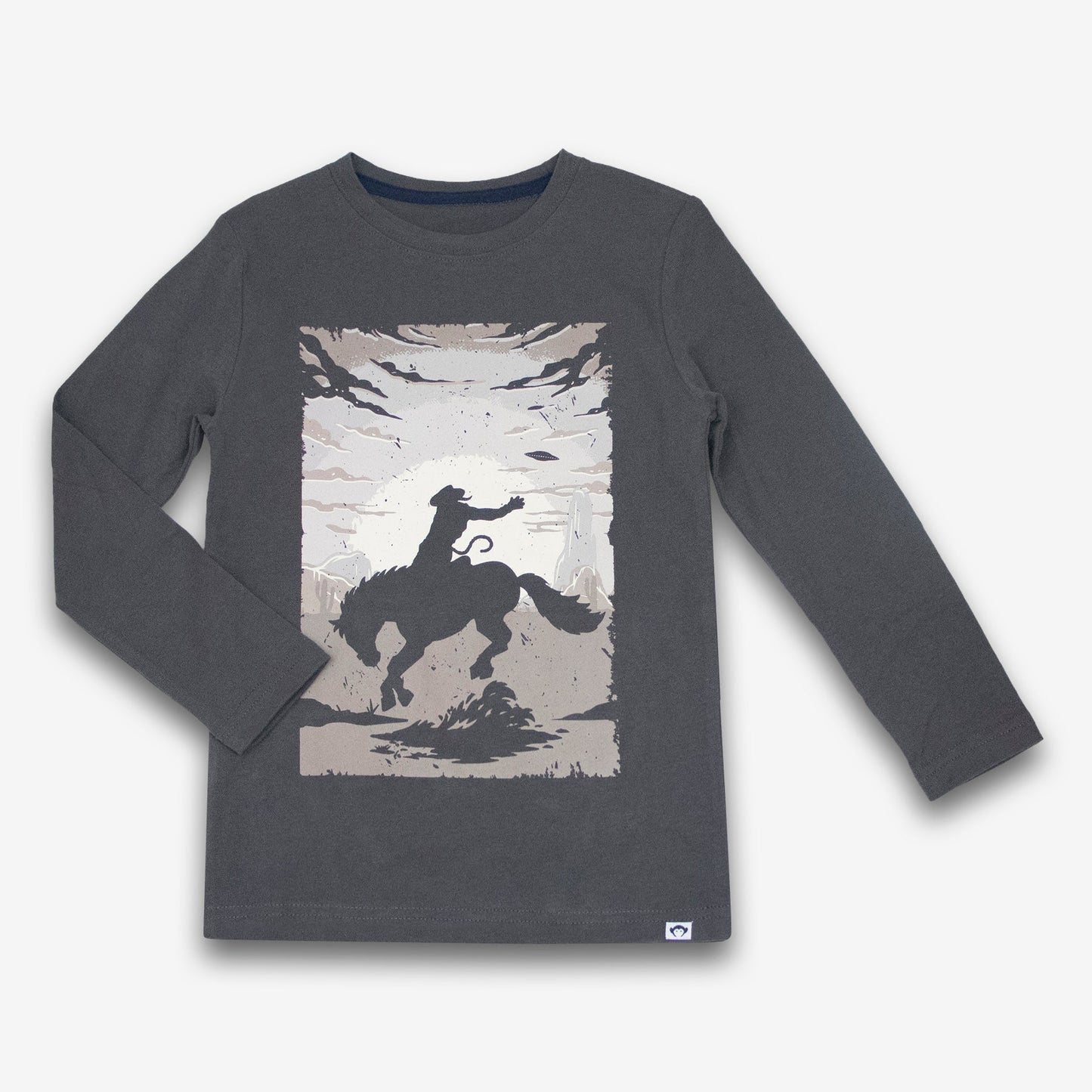 Boys dark grey graphic long sleeve tee with bucking bronco cowboy design