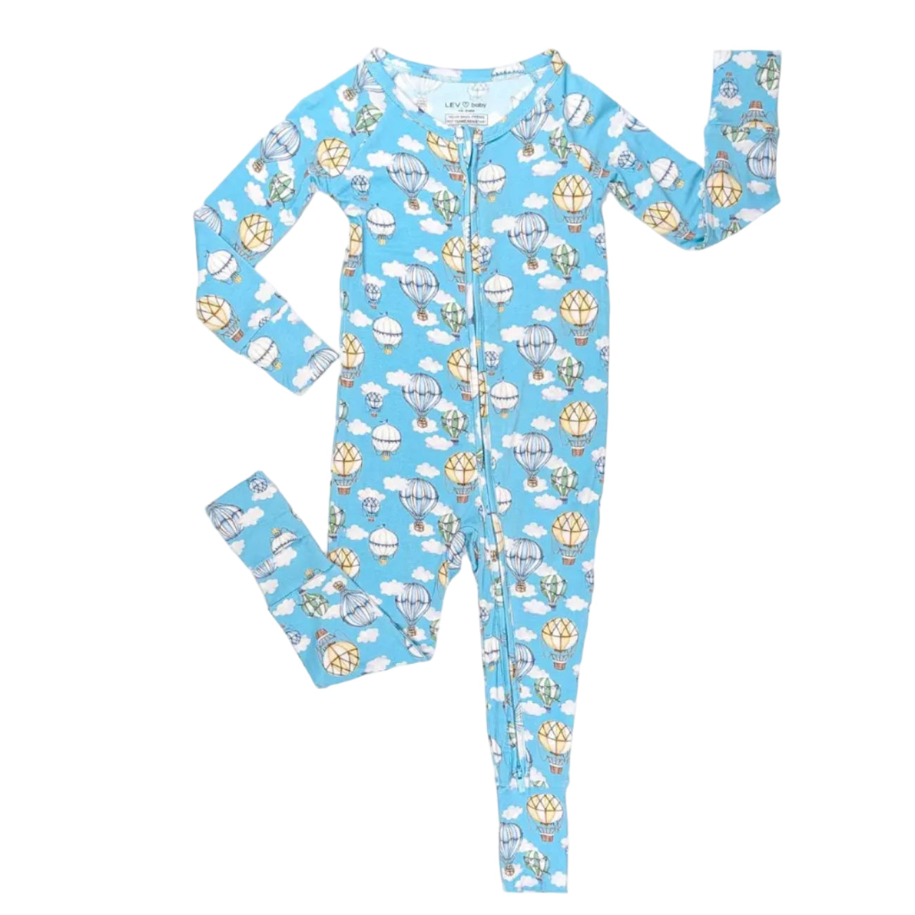Children's onesie with hot air balloon pattern on a blue background