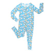 Children's onesie with hot air balloon pattern on a blue background
