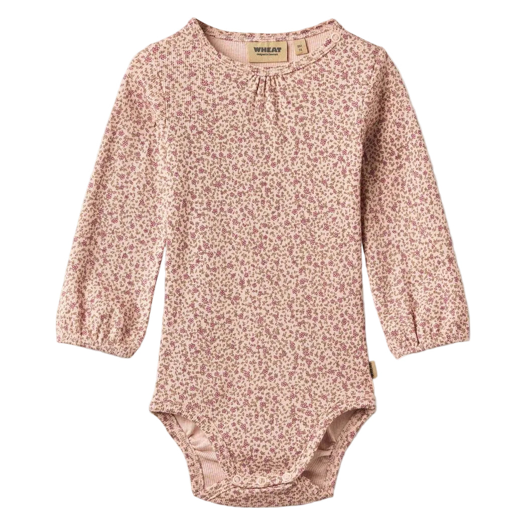 Small rose floral long-sleeve bodysuit for baby on a white background