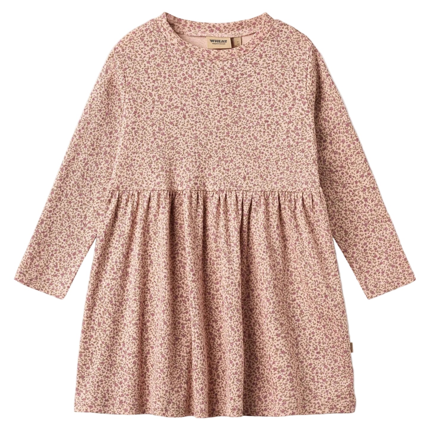 Small rose floral long-sleeve jersey dress for girls on a white background