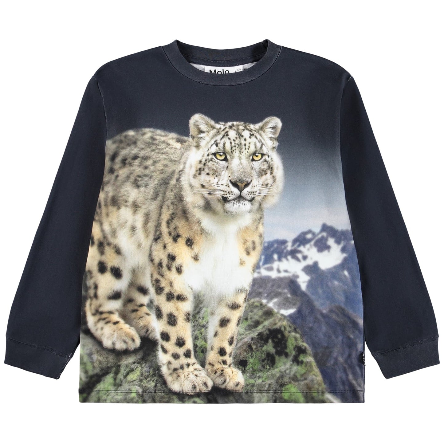 tshirt with an image of a snow leopard standing on a mountain