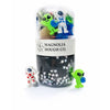Jar of black play dough with toy figures on a white background, featuring Magnolia Dough Co. branding.
