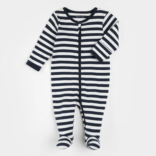Navy and white striped baby footie 