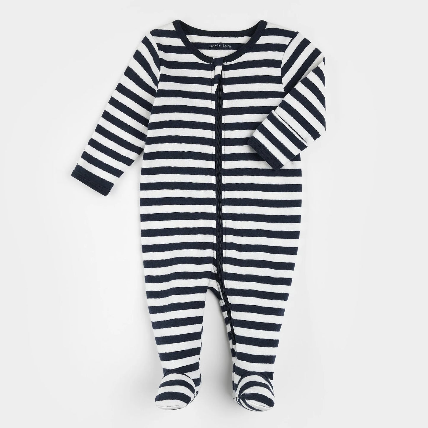 Navy and white striped baby footie 