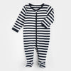 Navy and white striped baby footie 