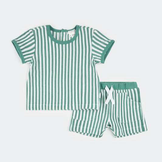 White and Green stripe tee shirt and short set for baby