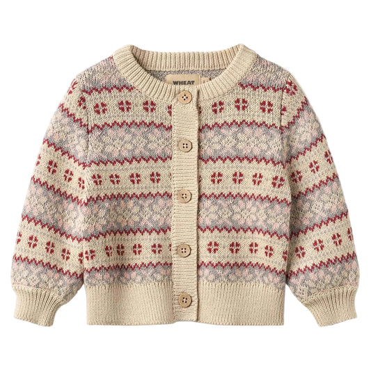 Tan jacquard knit cardigan for girls on a white background