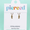 Gold feather earrings on a 'pierced' branded card with a light blue background