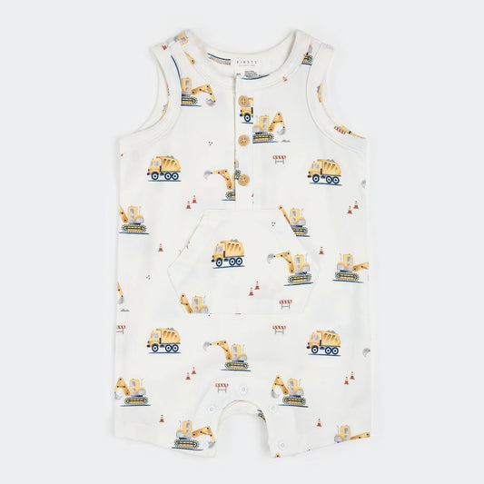 Baby romper with construction vehicle pattern on a white background