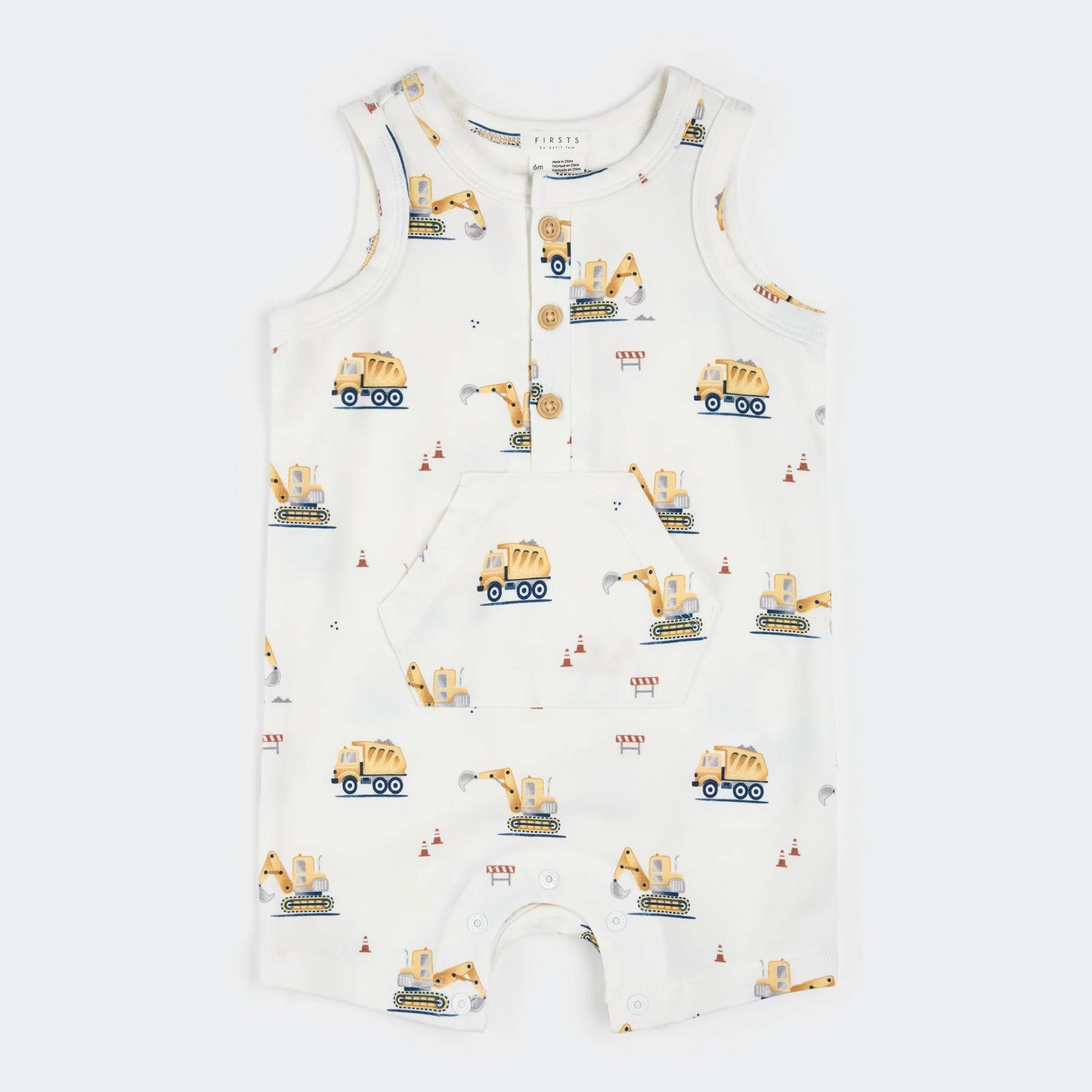 Baby romper with construction vehicle pattern on a white background