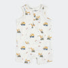 Baby romper with construction vehicle pattern on a white background