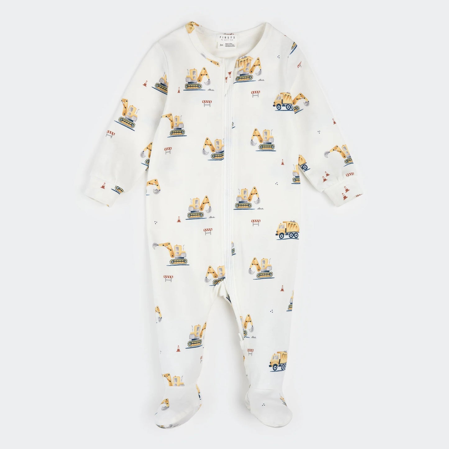 White baby zip pajama with construction vehicle print