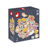 Box of wooden puzzle toys with colorful designs on a white background