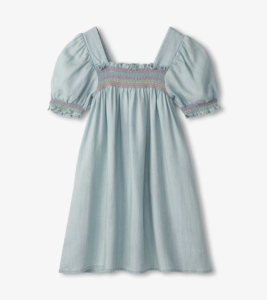 Chambray Puff Sleeve Smocked Dress