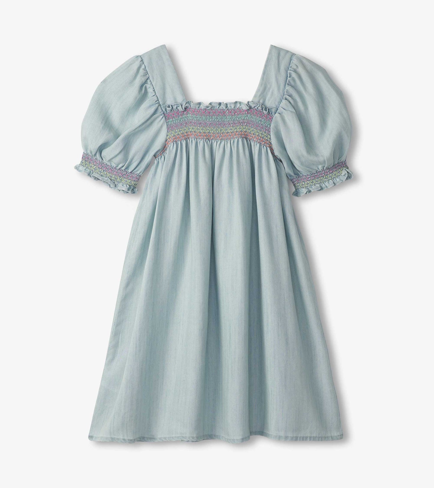 Chambray Puff Sleeve Smocked Dress