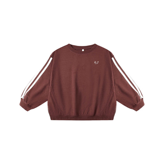 Burgundy sweatshirt with white stripes on sleeves on a white background