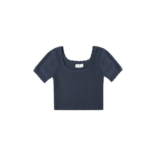 Navy blue crop top on a white background