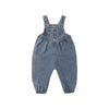 Blue denim overalls on a white background