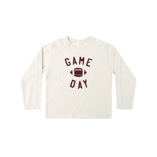 White long-sleeve shirt with 'Game Day' and football graphic on a white background