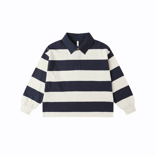 Navy and white striped long-sleeve shirt on a white background