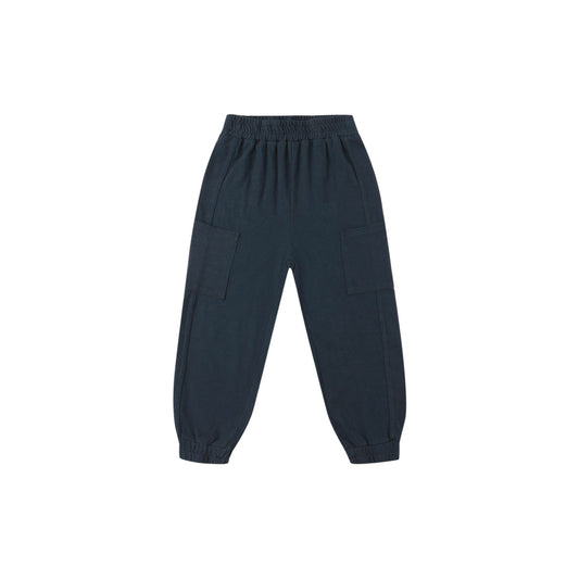 Dark blue cargo pants on a white background