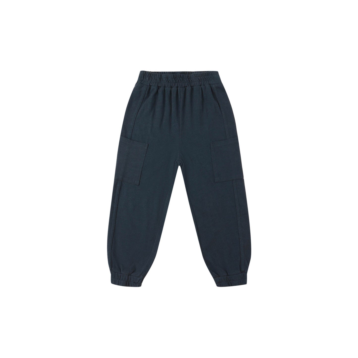Dark blue cargo pants on a white background