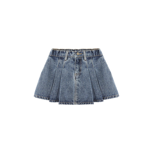 Blue denim skirt on a white background
