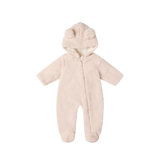 Beige baby snowsuit with a hood on a white background