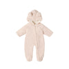 Beige baby snowsuit with a hood on a white background