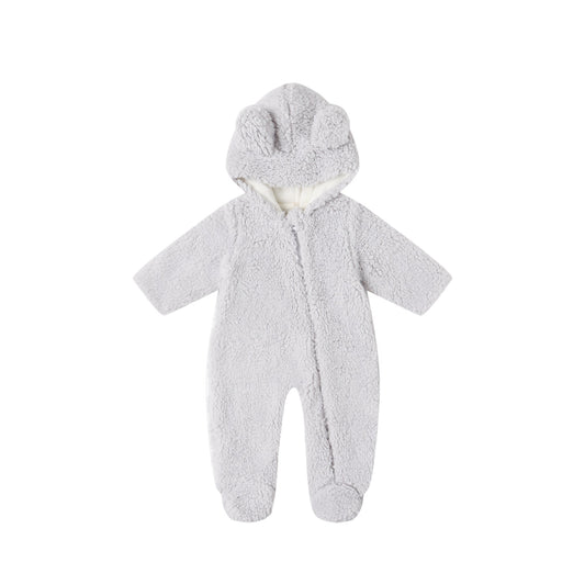 Gray baby snowsuit with a hood on a white background