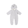 Gray baby snowsuit with a hood on a white background
